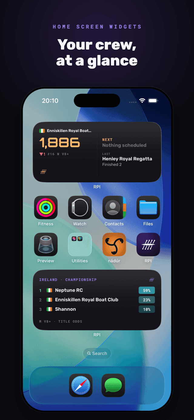 Home Screen widgets — a followed crew's rating, and a league's title odds